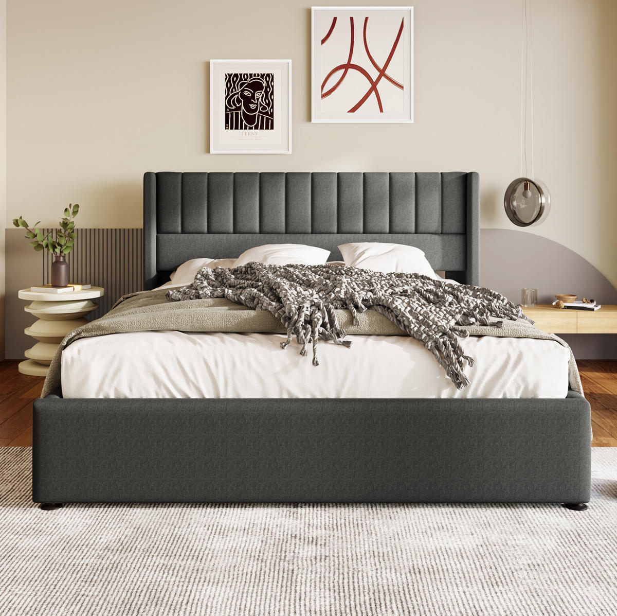 ČALÚNENÁ posteľ z masívneho dreva, ľanu a kovu 160x200 cm sivá s hydraulickým úložným priestorom a matracom - sivá, textil (160/200cm) - Modfu