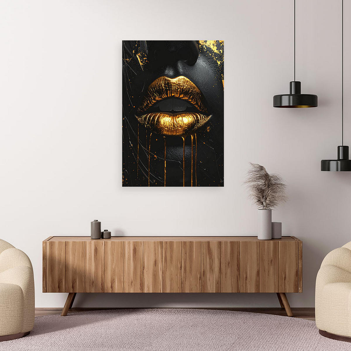 LEINWANDBILD, Luxuriöse goldene Lippen auf schwarzem Hintergrund - Schwarz, Textil (20/30cm) - Feeby