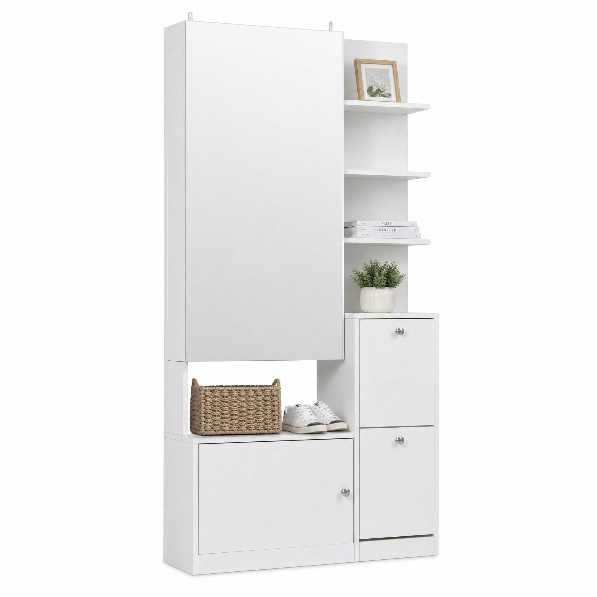 GARDEROBE-SET in Weiß Hochschrank mit Spiegel und Schuhschrank, Flur-Garderobenständer mit 5 Ablagen, B85/T40/H180cm - Weiß, Holzwerkstoff/Metall (273/87/98cm) - STILVORA