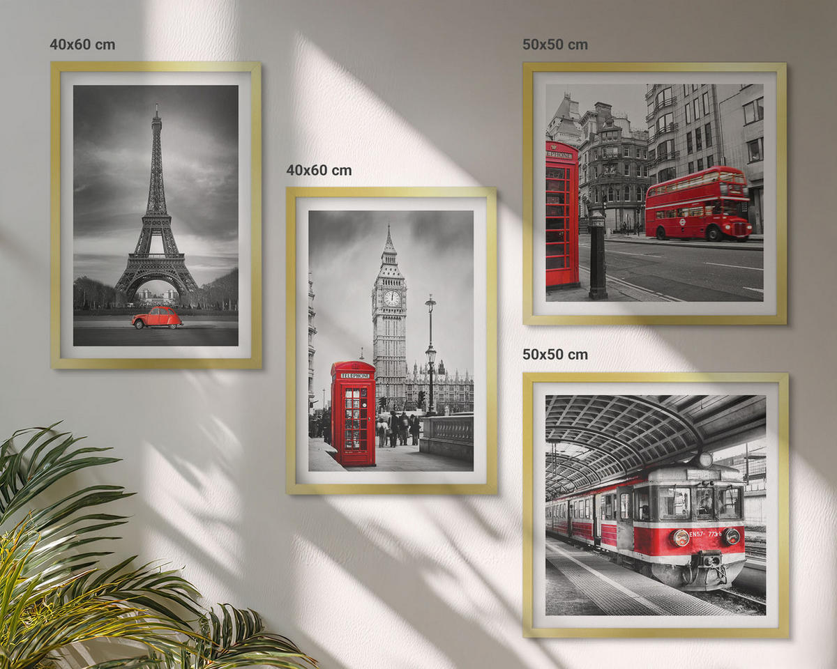 WANDBILDER 4er Set - 50x50 cm & 40x60 cm Goldrahmen - Rote Busse in der Stadt - Goldfarben, Kunststoff (50/50cm) - ArtPrintCave