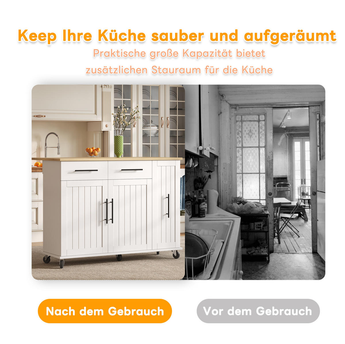 KÜCHENINSEL 120/90/40(65) cm Weiß/Natur aus MDF mit Klappblatt - Weiß, Holzwerkstoff (40/90/120cm) - OKMYHOME