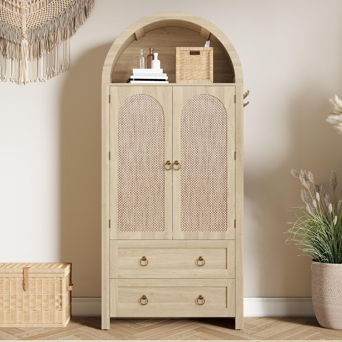 SIDEBOARD Rattan Bogen 2 Schubladen - Eichefarben, Holz (80/180/40cm) - Fortuna Lai