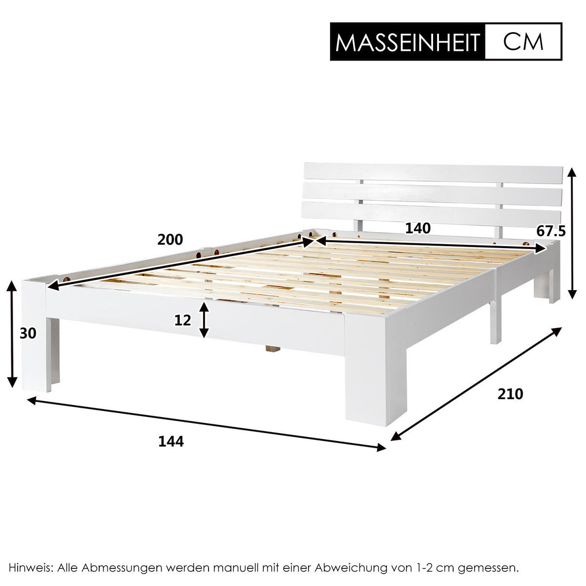 HOLZBETT 140/200 cm aus massiver Fichte mit Lattenrost und Stauraum - Weiß, Holz (140/200cm) - OKWISH