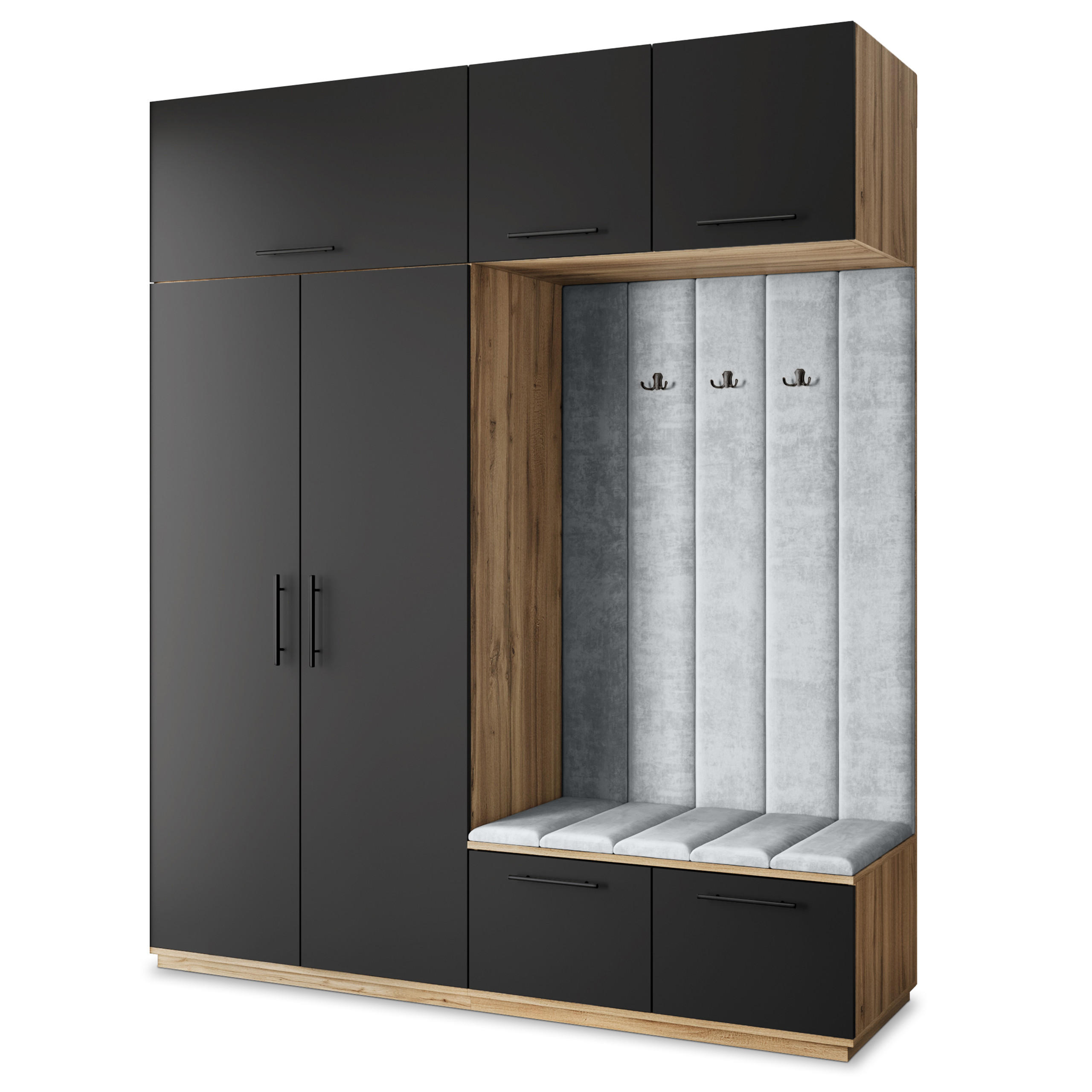 Masseno Garderobenschrank Eiche Wotan, Schwarz, Hellgrau 200x240x60 cm