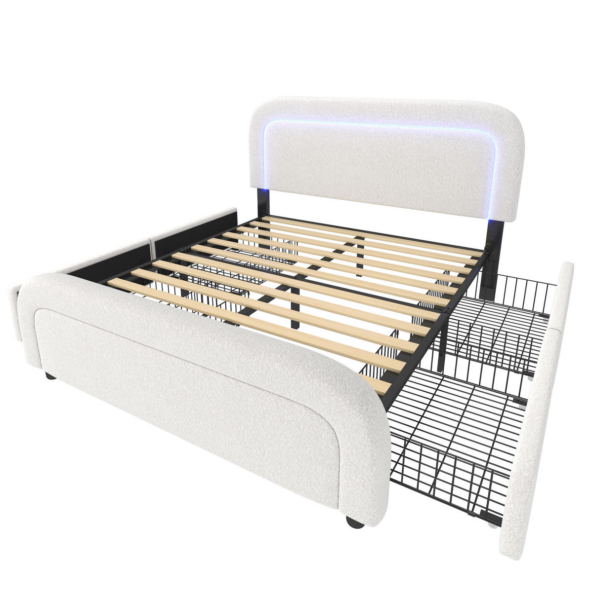 POLSTERBETT 160/200 cm aus Sherpa mit USB-C, LED und 4 Schubladen Weiß - Weiß, Fell (160/200cm) - Modenvie