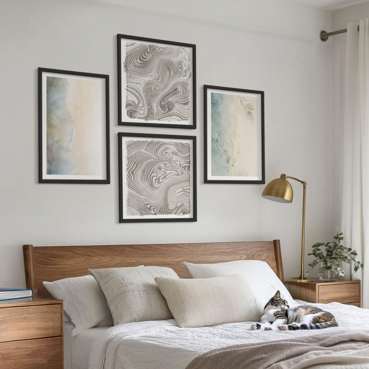 BILDER SET 4er Set - 50x50 cm & 40x60 cm Schwarzer Rahmen - Zarte Aquarellkartons - Schwarz, Kunststoff (50/50cm) - TULUP