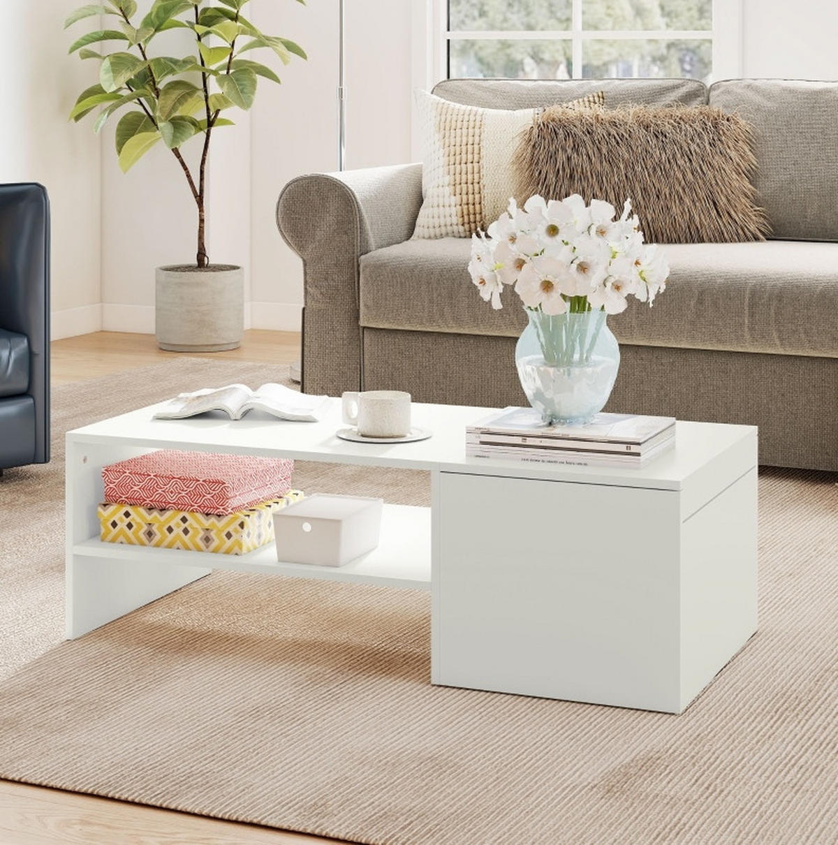 KONFERENČNÍ stolek 110/52/36 cm bílý ze dřeva s posuvnou deskou a úložným prostorem - bílá, dřevo (110/52/36cm) - OKWISH