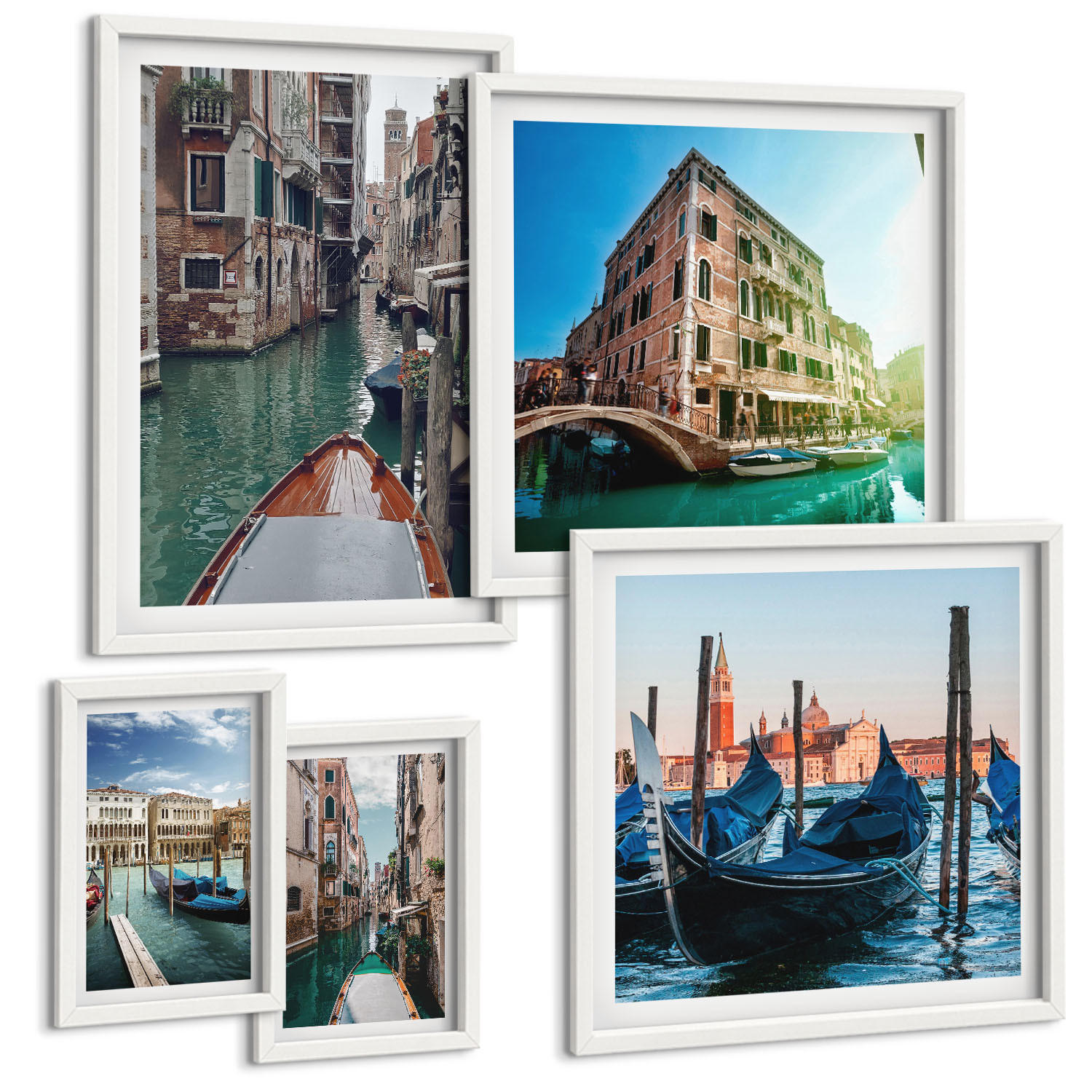 BILDER SET 5er Set - 50x50 cm & 20x30 cm & 40x60 cm Weißer Rahmen - Küchenutensilienmuster Blätter - Weiß, Kunststoff (40/60cm) - TULUP
