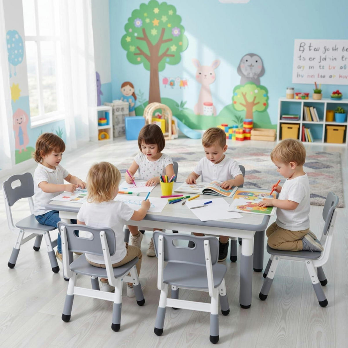 KINDERTISCH- und Stuhl-Set 7-teilig höhenverstellbar Grau - Grau, Kunststoff (60/60/120cm)