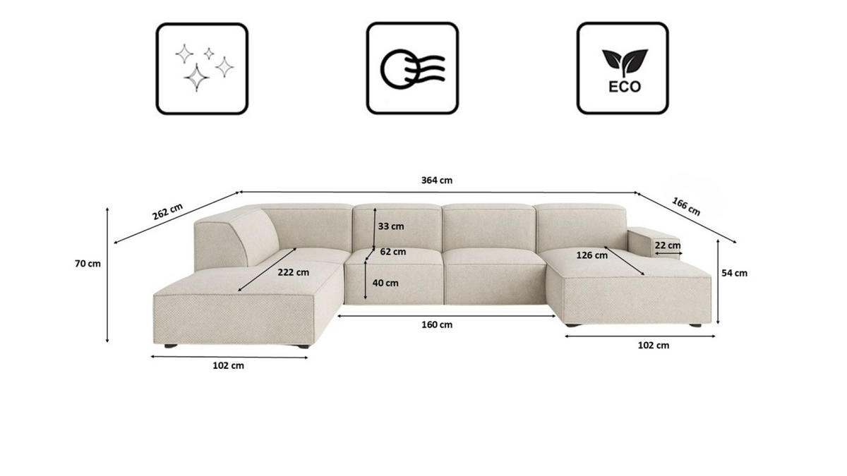 ECKSOFA Cursal V, Stoff Artico, Nata, Links - Creme, Holz (364/262cm) - Kaiser Möbel