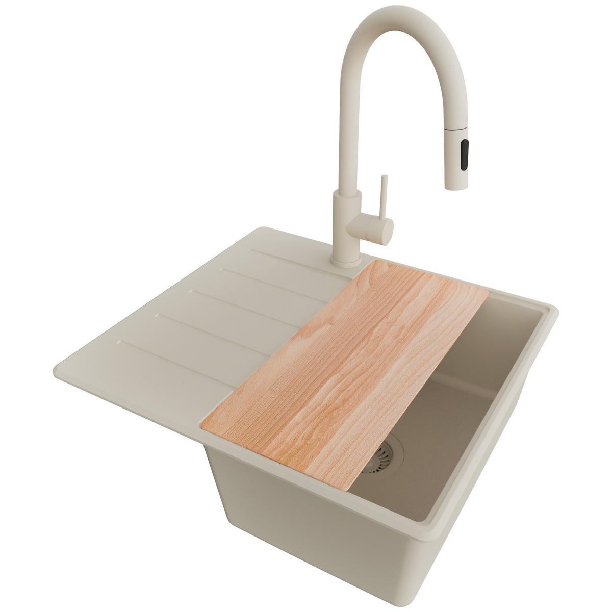 GRANITSPÜLE Kopenhagen, 2-er set Beige 55/50 cm 1 Becken + Küchenarmatur 40/20 cm + Ablauf-Set + Schneidebrett ab 40er Unterschrank - Beige, Kunststoff (55/20/50cm) - Primagran