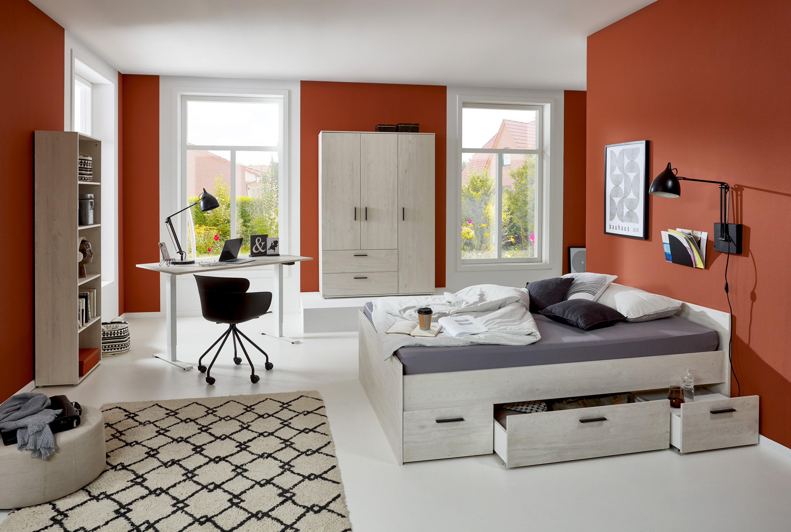 JUGENDZIMMER Set 4-tlg. Mathea - Eichefarben/Schwarz, Holzwerkstoff/Kunststoff (1/1/1cm) - arthur berndt