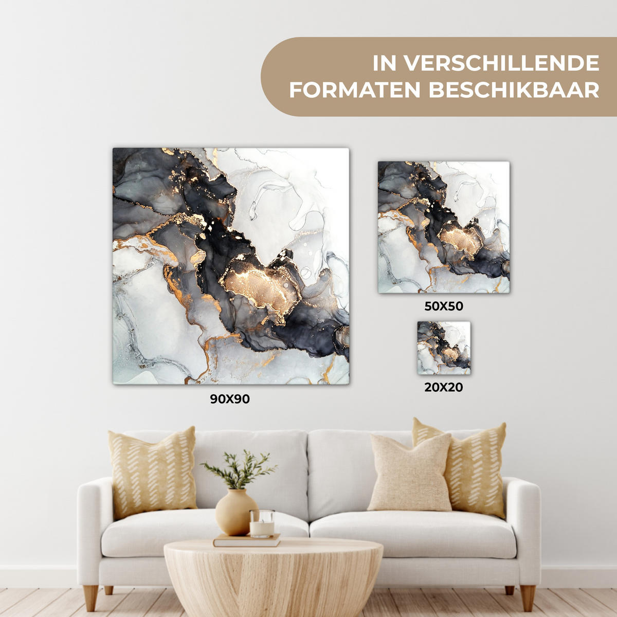 LEINWANDBILD Marmor - Schwarz - Weiß - Gold - Luxus - Abstrakt Wandbild Wohnzimmer 50x50 cm - Goldfarben, Textil (50/50cm) - MuchoWow