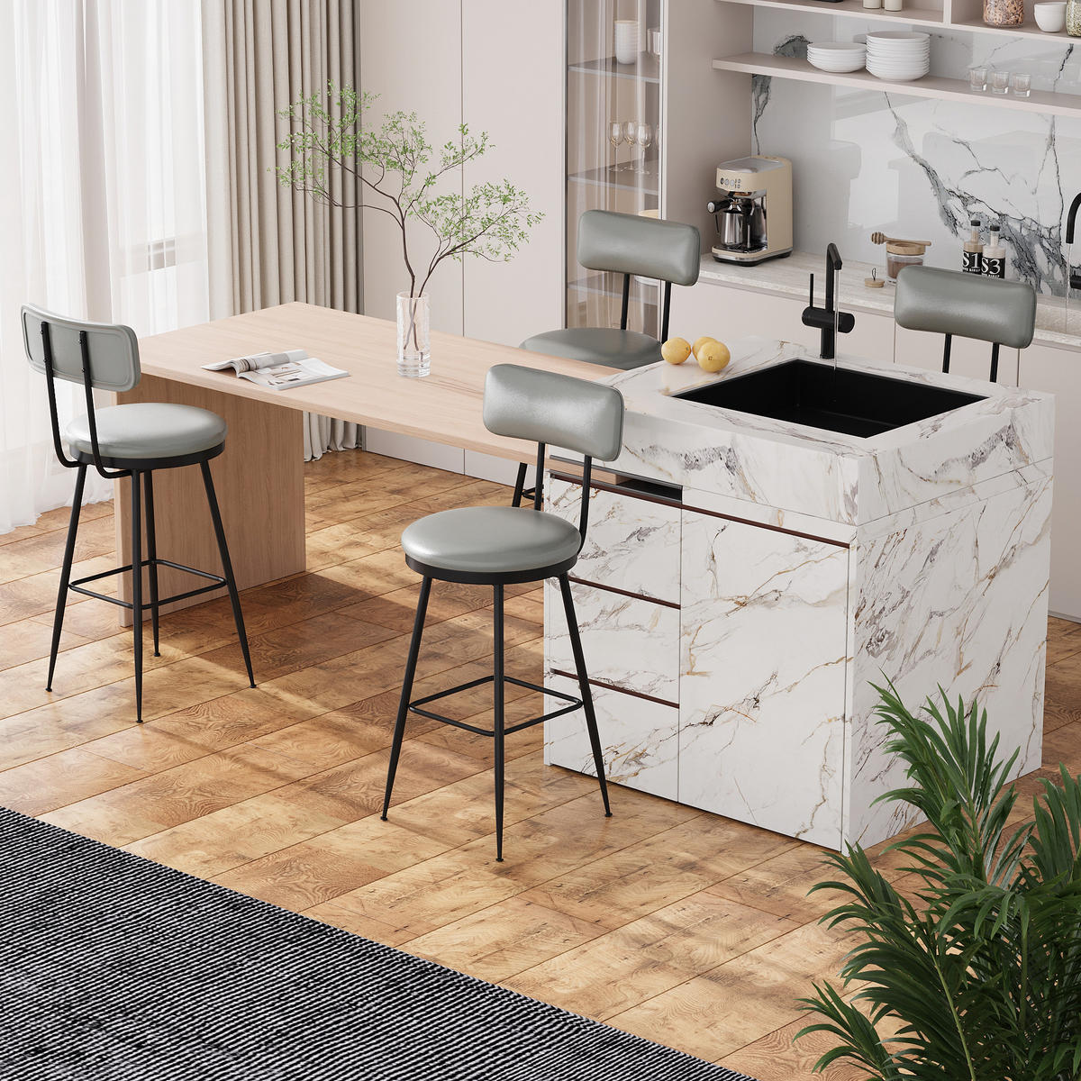 BARHOCKER 2er Set Metallgestell Kunstleder Rückenlehne Fußstütze 65 cm grau - Grau, Holz (38/85.5/38cm) - Fortuna Lai