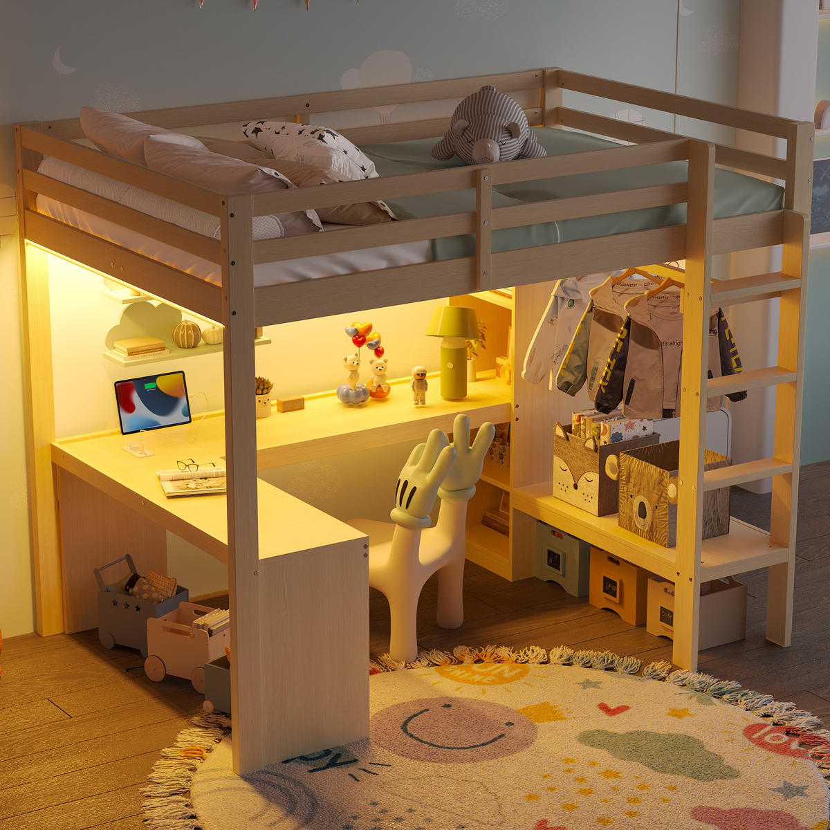 HOCHBETT 140/200 cm in Natur mit Schreibtisch, LED, USB und Regal - Naturfarben, Holzwerkstoff (140/200cm) - STILVORA