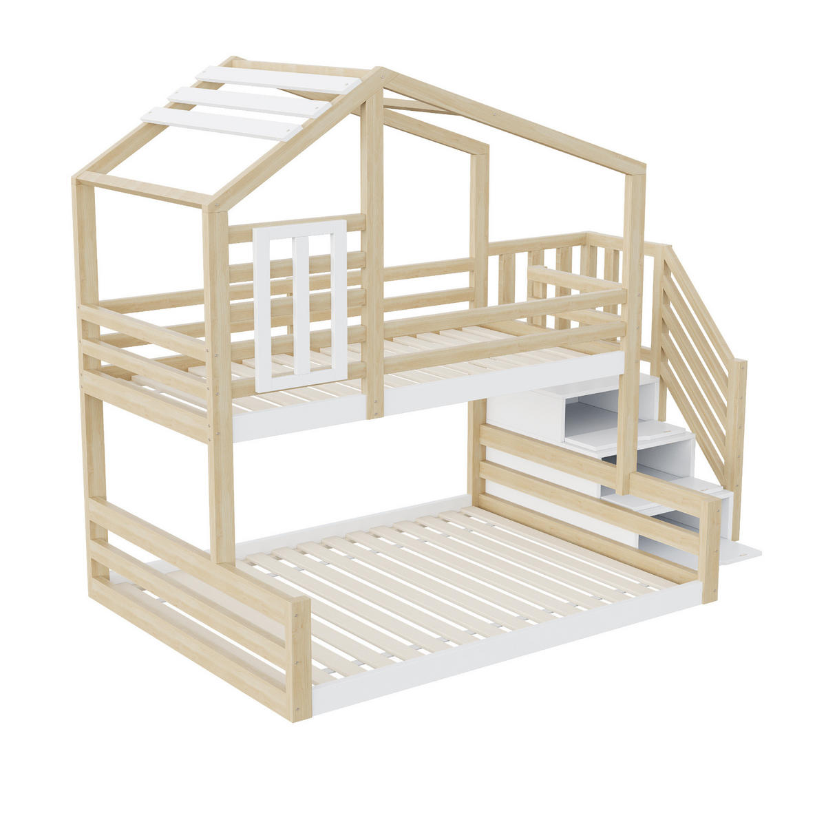 HAUSBETT 90/200 cm & 140/200 cm aus Kiefernholz mit Treppe und Stauraum - Naturfarben, Holz (90/200cm) - Flora Grace