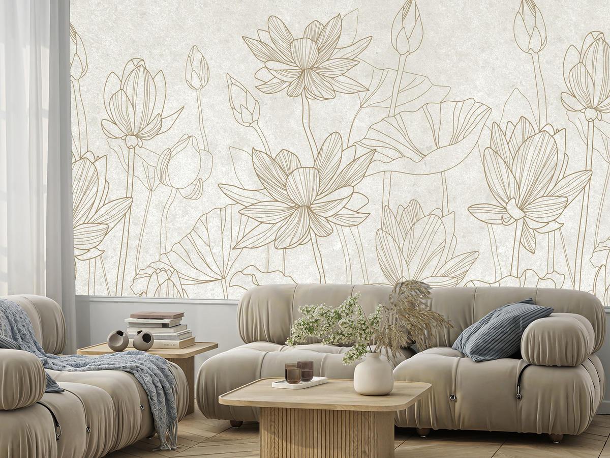 FOTOTAPETE für Wohnzimmer Linienzeichnung Blumen Pflanzen Natur 100x70 - Beige, Papier (100/70cm) - Muralo