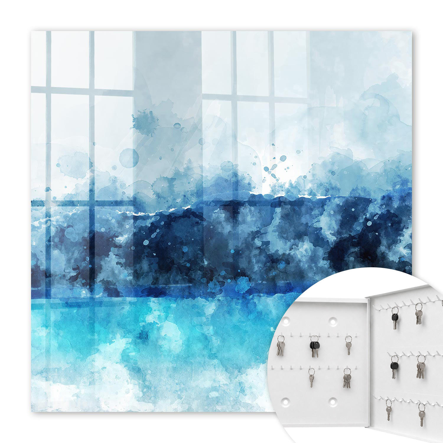 SCHLÜSSELBOX Weiß 30x30 cm – Türöffnung nach rechts - Türkisfarbene Landschaft - Blau, Metall (30/30/5cm) - TULUP