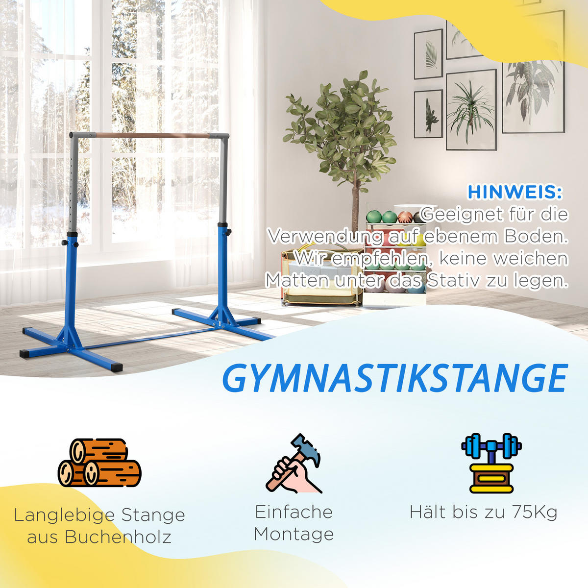 TURNRECK, Buchenholz, Blau, 197B x 121T x 92-150H cm - Blau, Metall (121/194cm) - HOMCOM