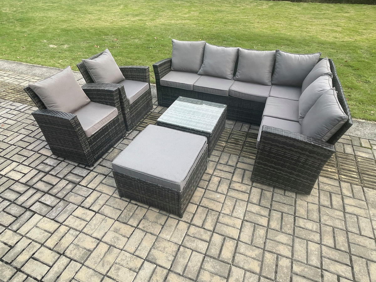 LOUNGEGARNITUR mit Couchtisch Sofa Polyrattan Dunkelgrau 9-Sitzer - Dunkelgrau/Grau, Glas/Kunststoff - Fimous