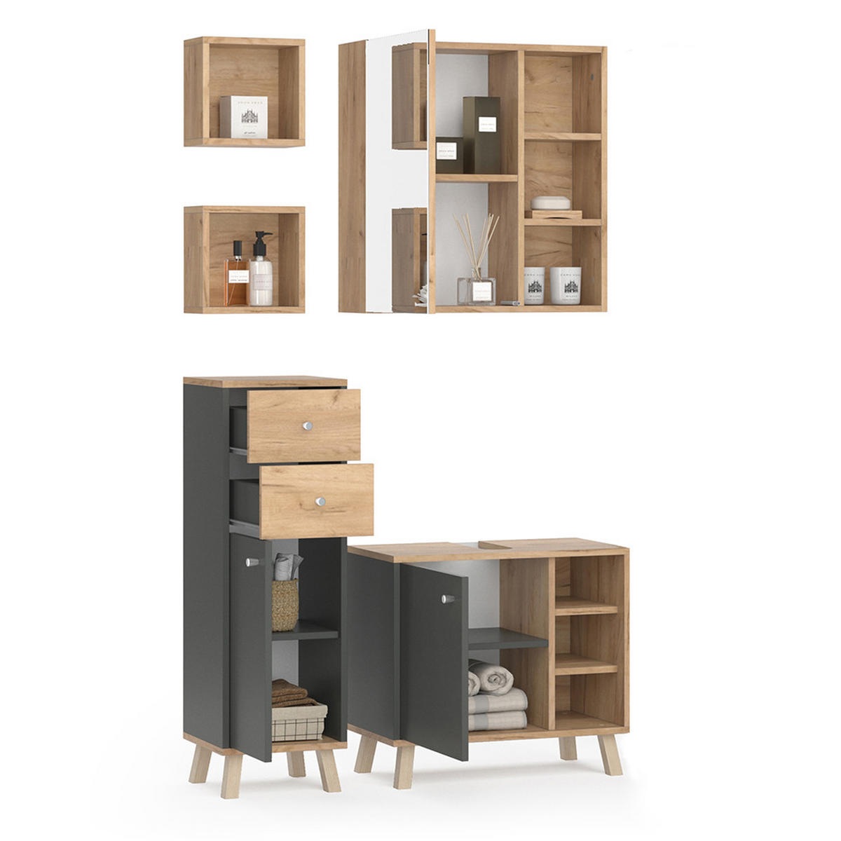 BADMÖBEL-SET Senyo Anthrazit 4 Teile - Honigeiche/Anthrazit, Holzwerkstoff (62/54/32cm) - Vicco