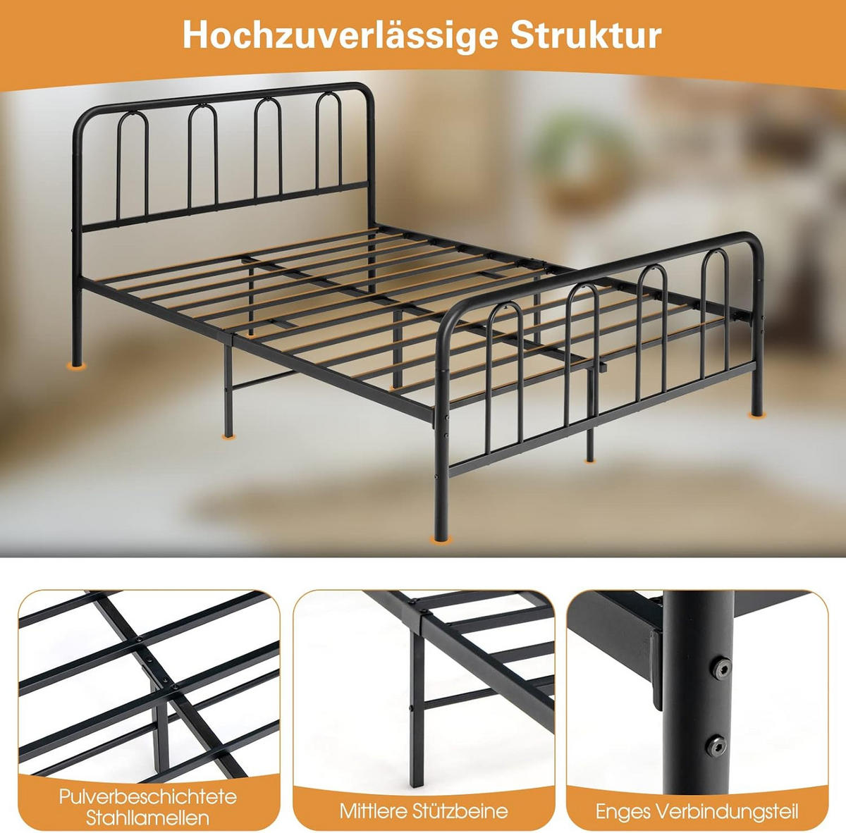 RÁM POSTEĽE kovová posteľ čierna - čierna, kov - COSTWAY