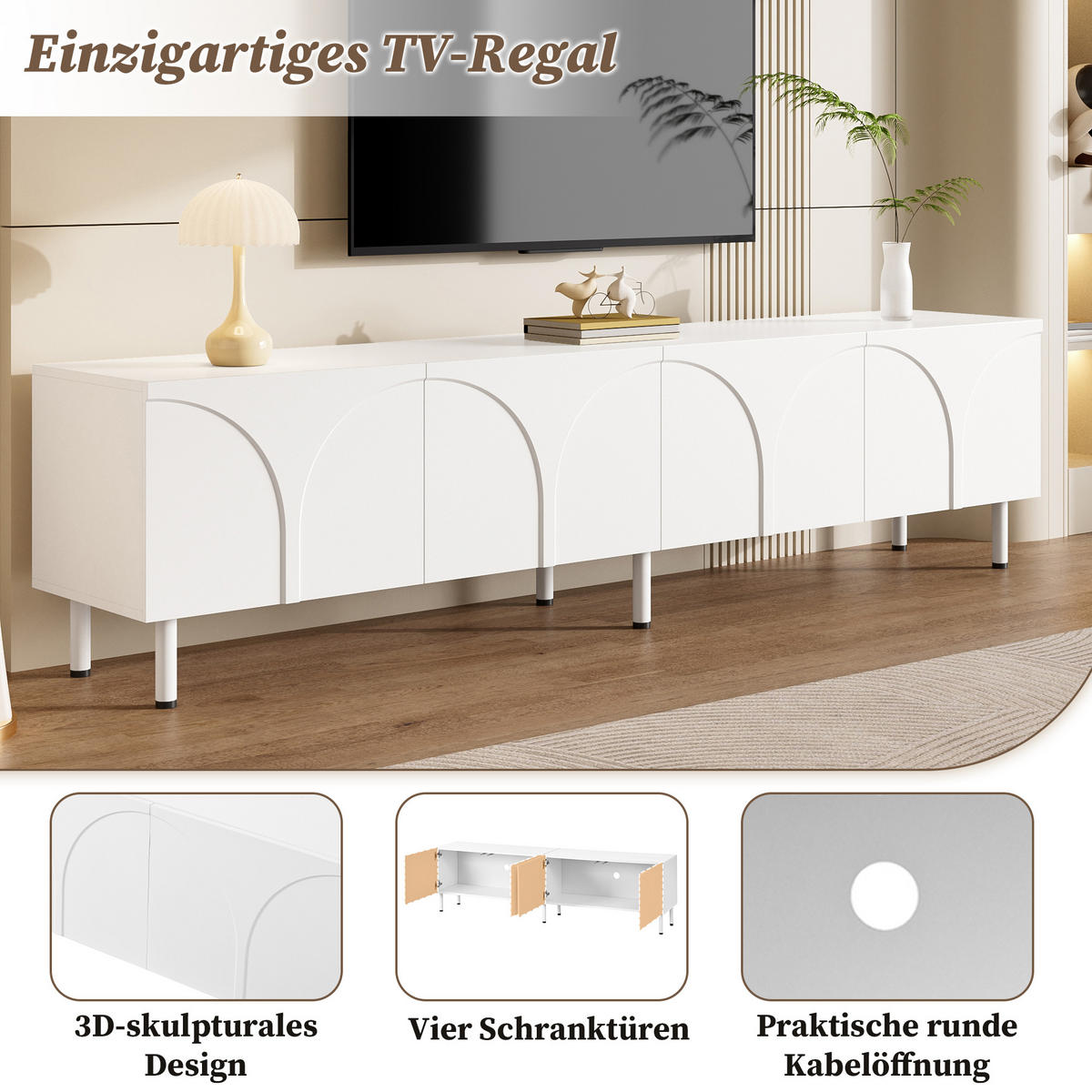 TV-SCHRANK Lowboard 4 Türen geschwungen Metallfüße modern - Weiß, Holzwerkstoff (35/49/180cm) - FLIEKS