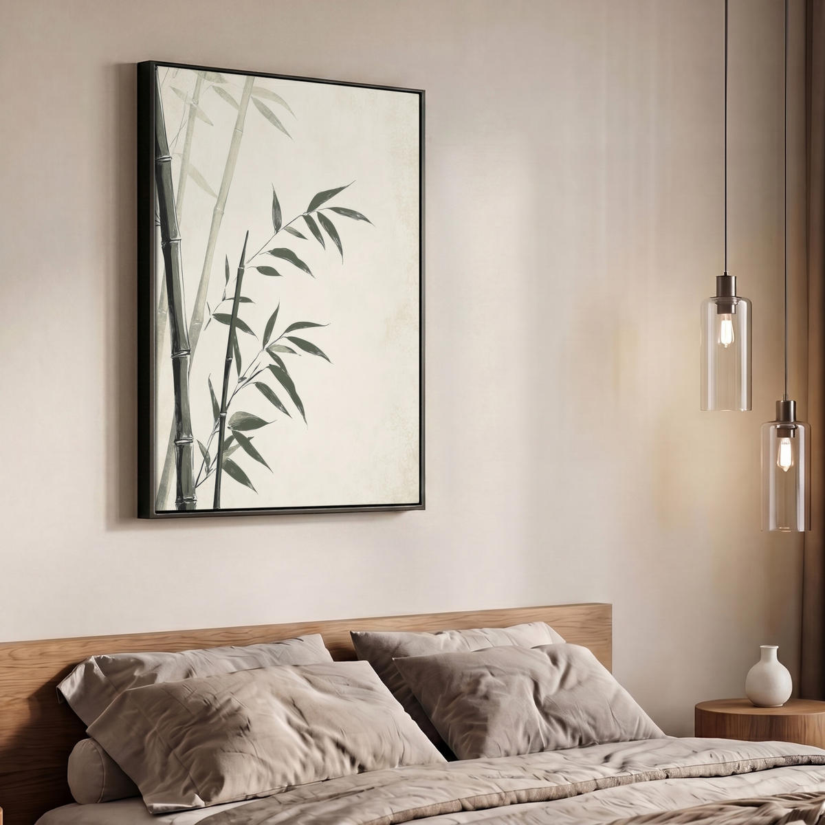 LEINWAND Bilder mit Rahmen - Japandi - Bambus - Beige - 70x100 - Eukalyptusholzfarben, Textil (70/100cm) - MuchoWow
