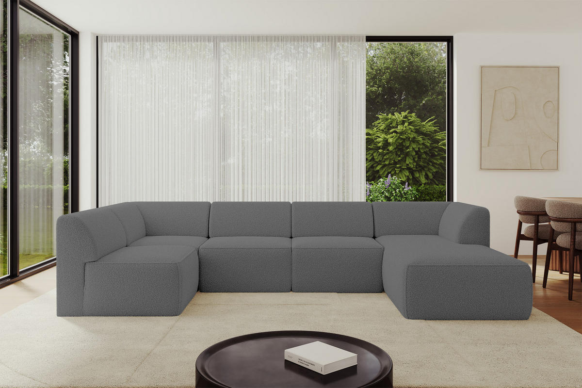 WOHNLANDSCHAFT Ottomane Rechts MOVO-L 345x180x78 cm Grau Bouclé - Chromfarben, Holzwerkstoff/Kunststoff (180/78/345cm) - ALTDECOR