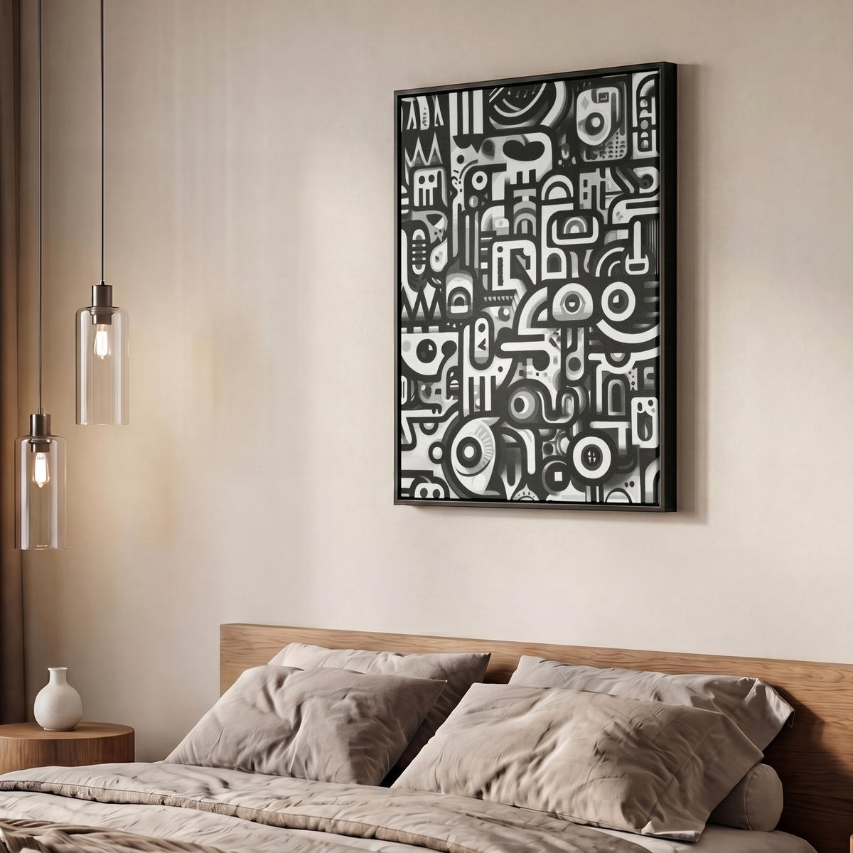 LEINWAND Bilder mit Rahmen - Symbole - Abstrakt - Grafik - Schwarz - 60x80 - Schwarz, Textil (60/80cm) - MuchoWow