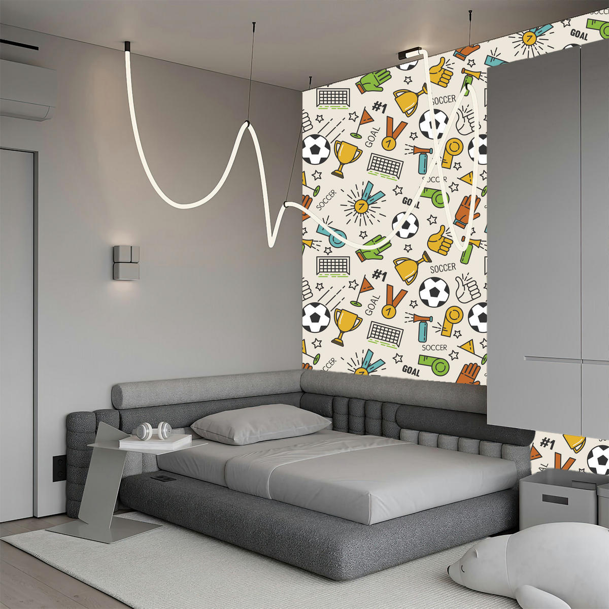 VLIESTAPETE Fußball, Medaillen und Pokale – Bunt, Beige – 50x1000 cm - Beige/Multicolor, Papier (50/1000cm) - Muralo