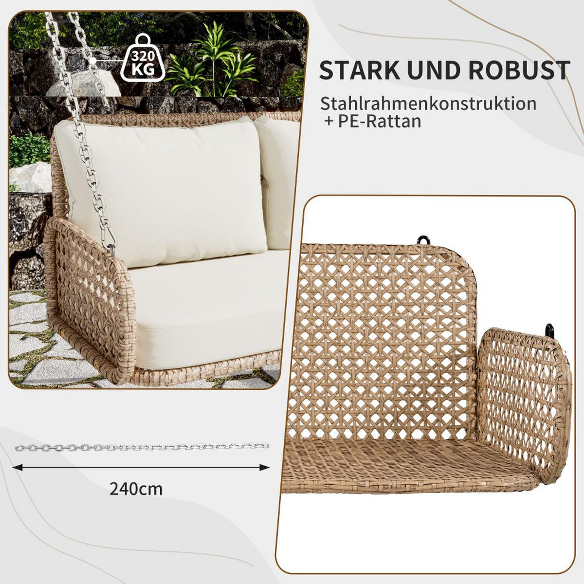 HÄNGESCHAUKEL PE-Rattan-Schaukel-Doppelsitz mit Kissen und 2 Ketten (240 cm/Stück) - Beige, Textil (54/48/108cm) - KOMHTOM