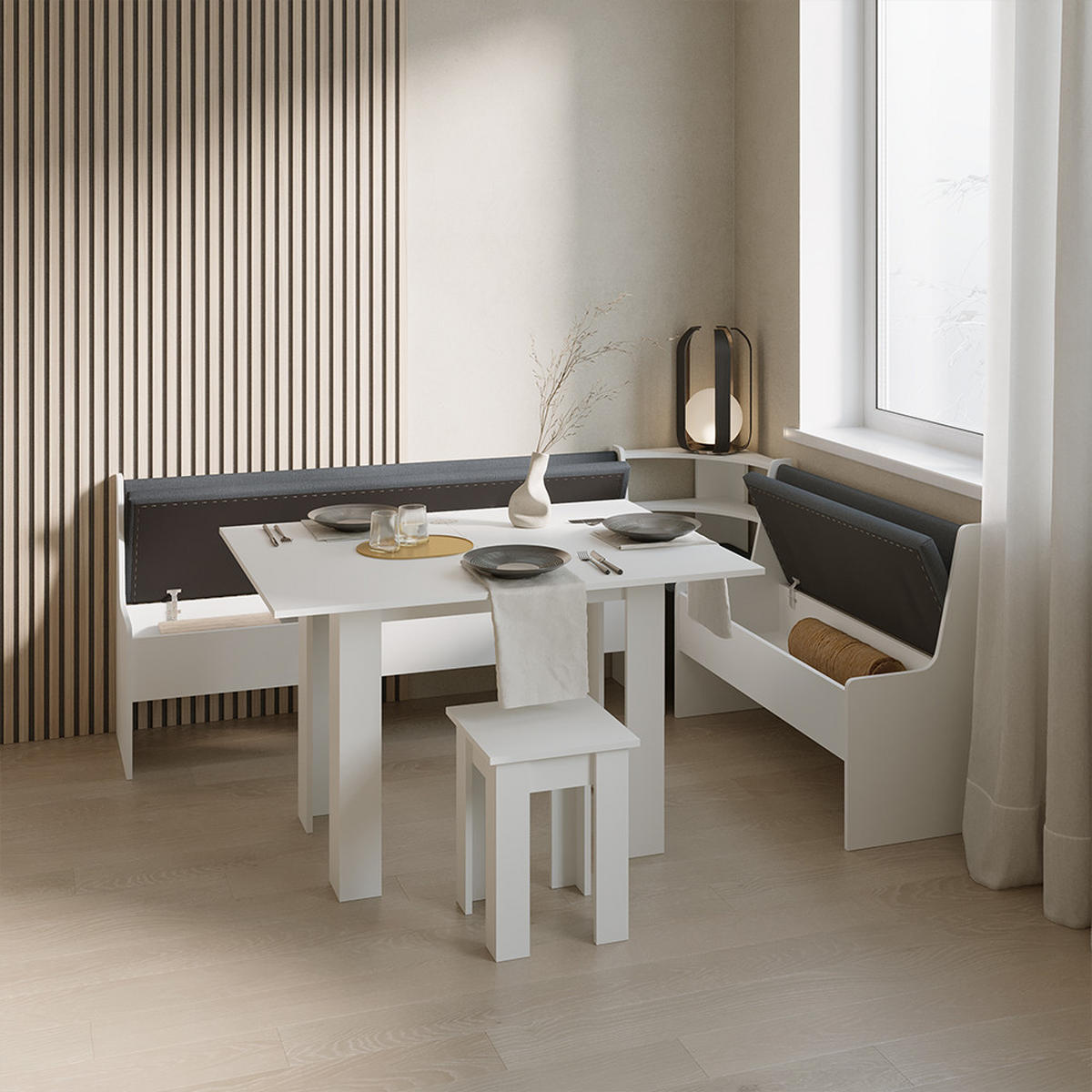 ECKBANKGRUPPE Tiberio Weiß 210 x 150 cm mit Tisch - Weiß, Holzwerkstoff (210/80/150cm) - Livinity®