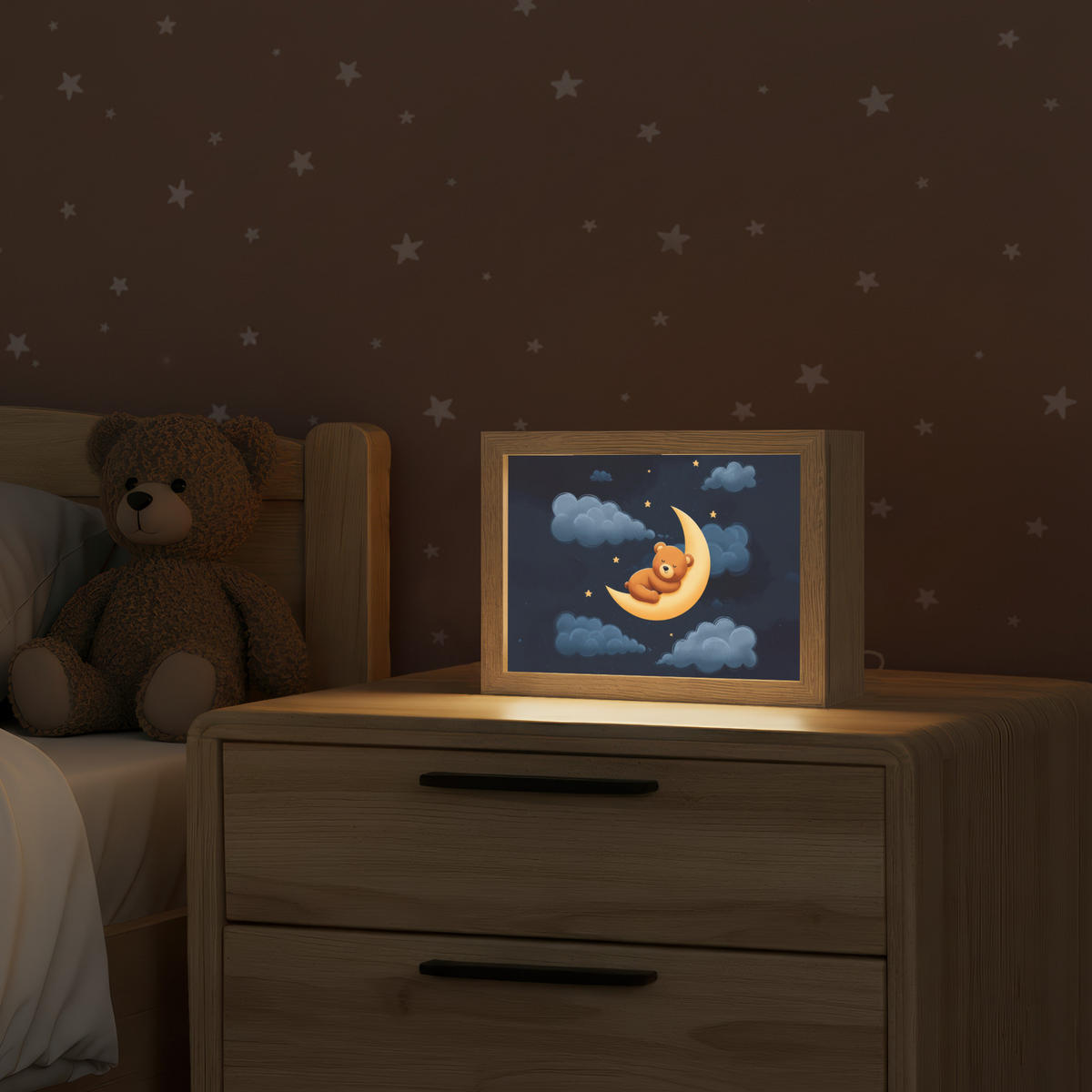 NACHTTISCHLAMPE Teddybär - Mond - Wolken - Sterne 20x15 cm - Dunkelblau, Holzwerkstoff (8/20/15cm)