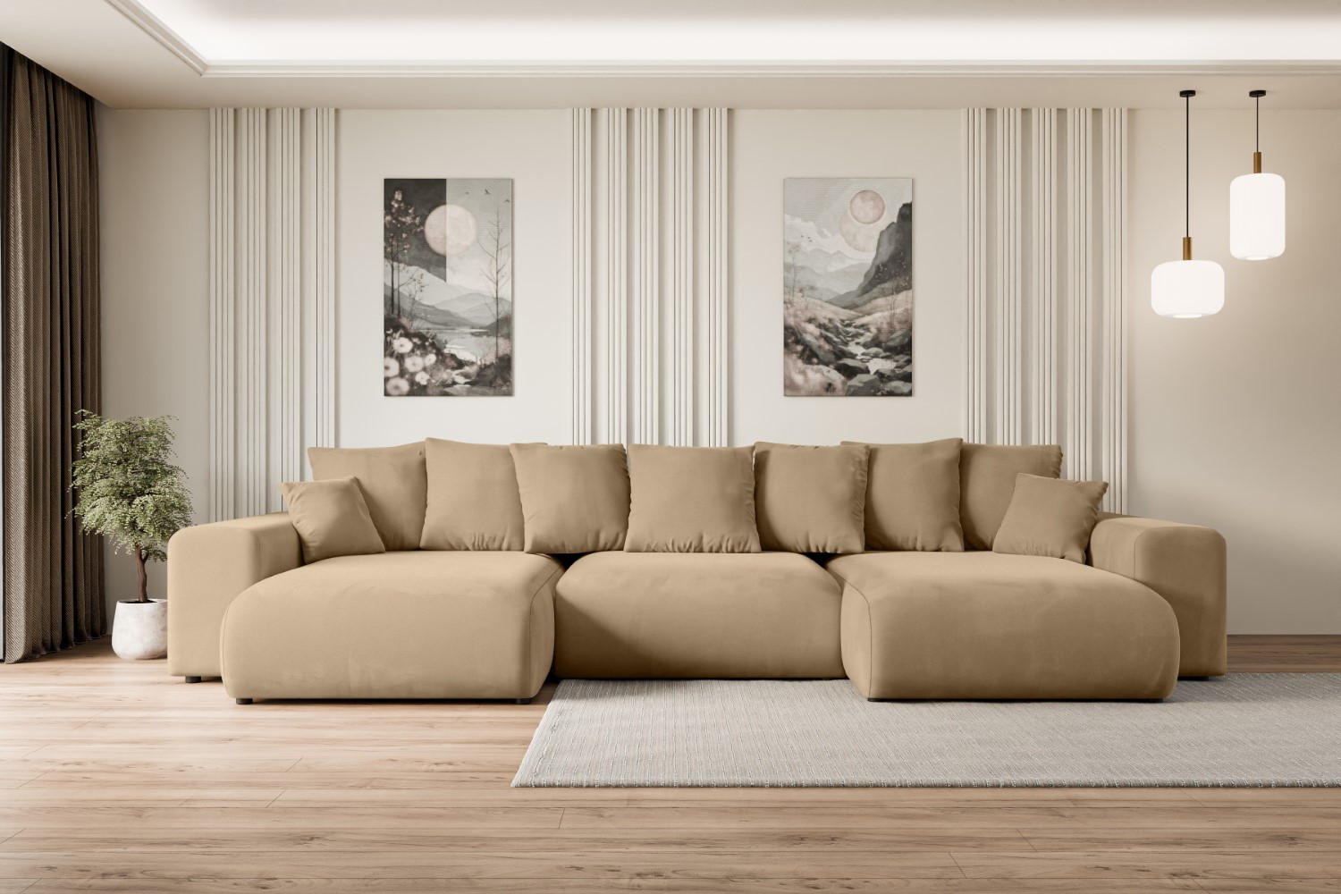 WOHNLANDSCHAFT mit Schlaffunktion und Bettkasten ESKAR-U -352x165x84cm Beige Velours - Beige/Schwarz, Holzwerkstoff/Kunststoff (352/84/165cm) - ALTDECOR