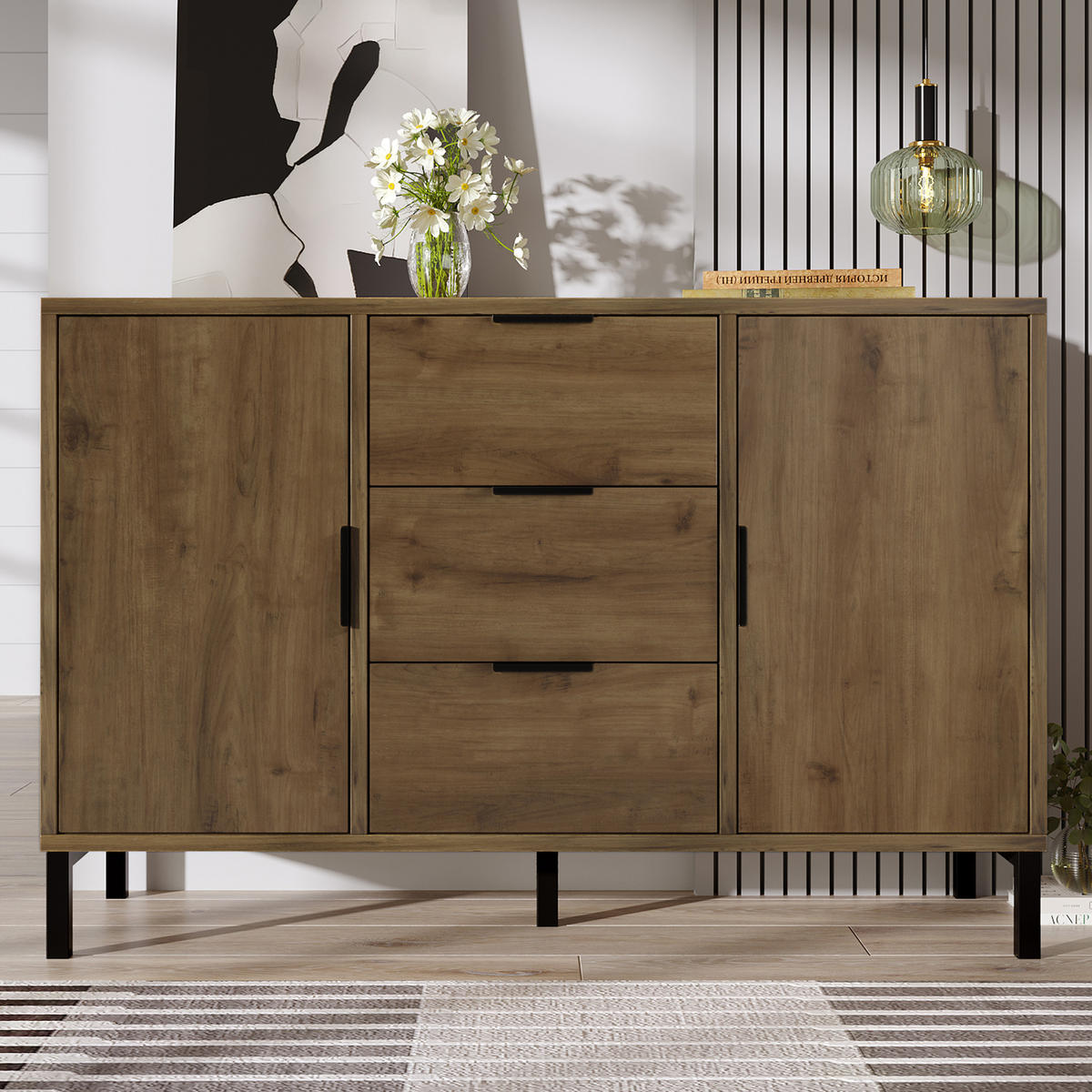 KOMMODE 120x40x76 cm Dunkle Eiche mit 3 Schubladen - Dunkelgrau, Holzwerkstoff (120/76/40cm) - FLIEKS