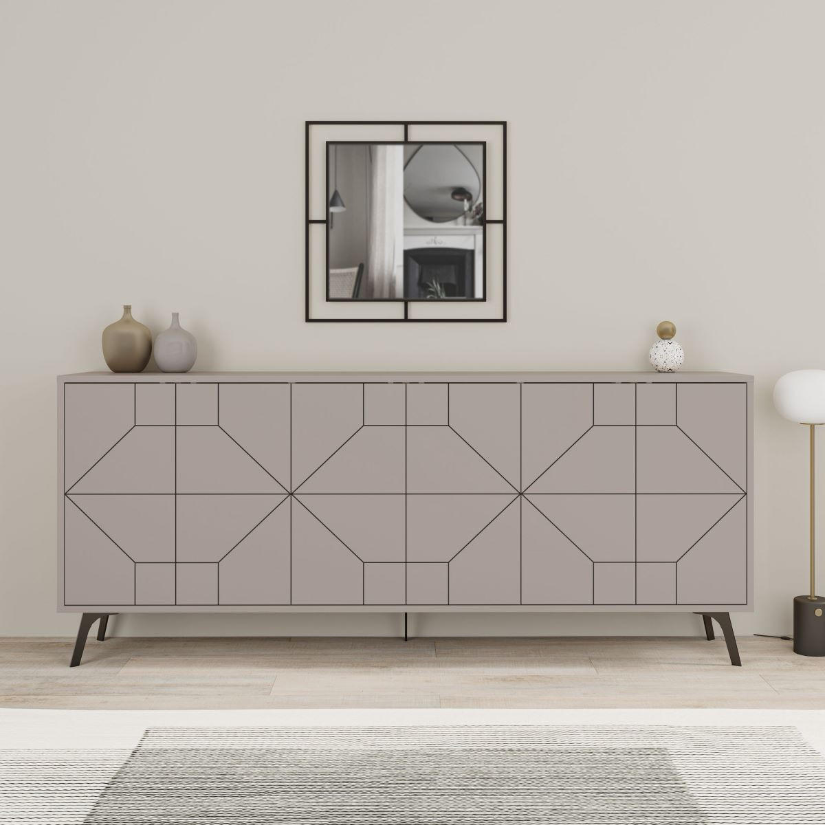 BUFFET mit 6 dekorierten Türen L184 cm - Dune - Taupe, Holzwerkstoff (35/77.4/184cm) - Calicosy