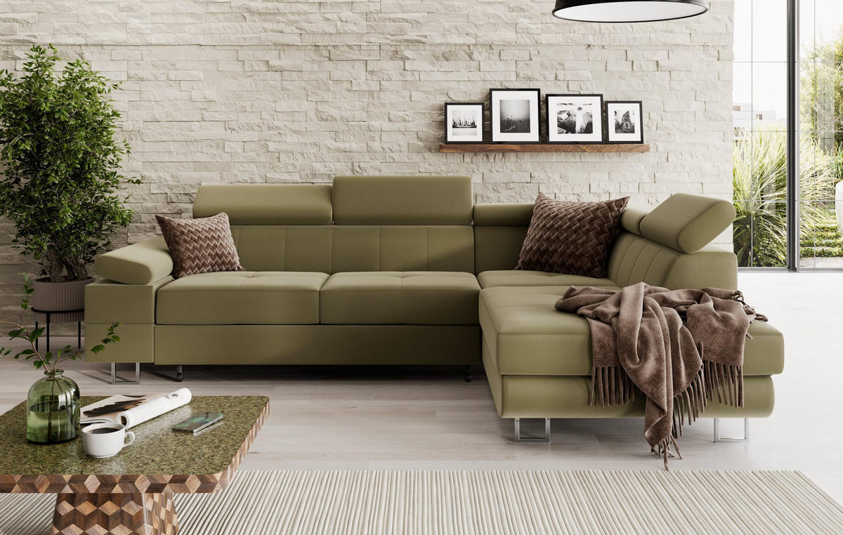 ECKSOFA CAROLINE Rechts Gelb matter Veloursstoff mit Schlaffunktion und Bettkasten - Chromfarben/Gelb, Textil (253/190cm) - Barchello
