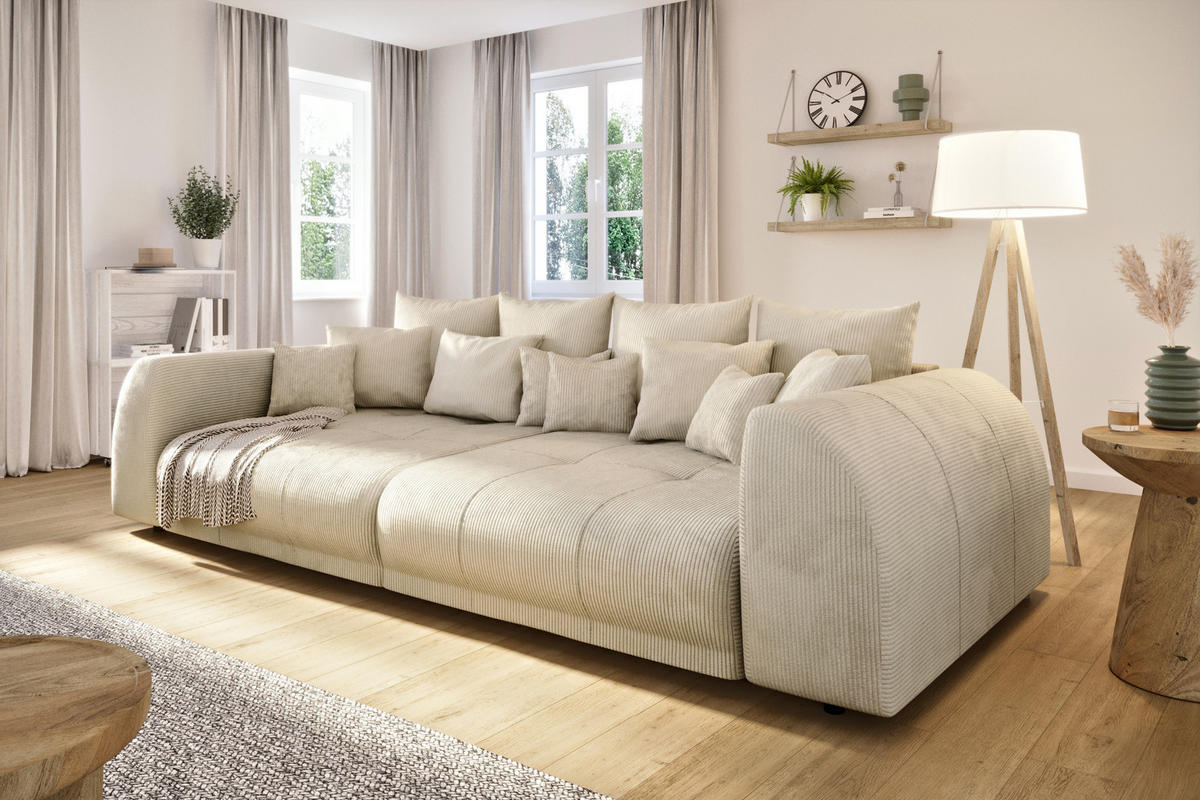 BIGSOFA Levana 5 Sitzer Beige Cord-Stoff - Beige/Schwarz, Holz/Kunststoff (310/86/135cm) - S-Style Möbel