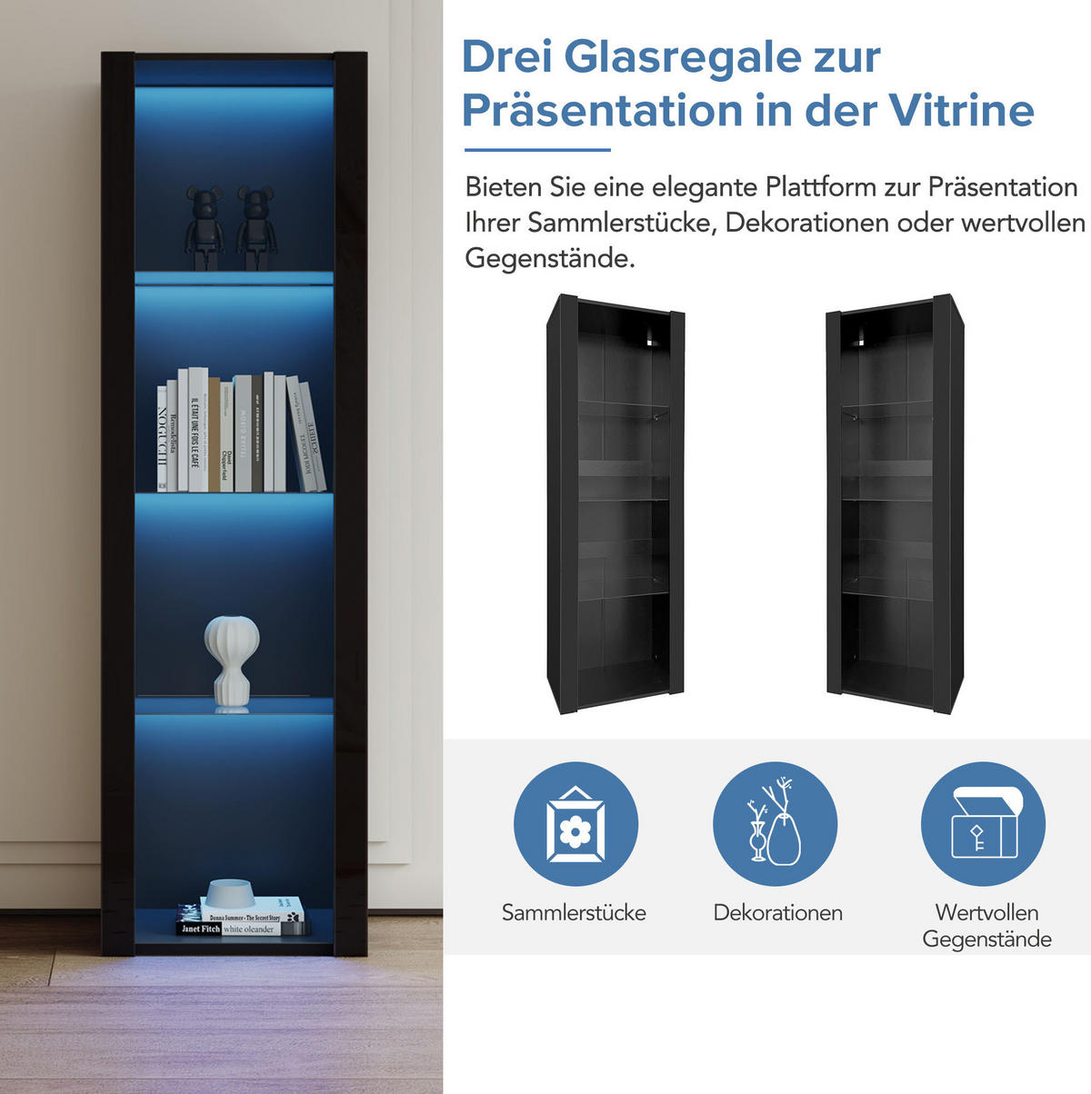 VITRINENSCHRANK aus Spanplatte 55x38x166 cm Schwarz mit LED-Beleuchtung, Hochglanzfront und 3 Glasböden - Schwarz, Holzwerkstoff (55/166/38cm) - Modfu