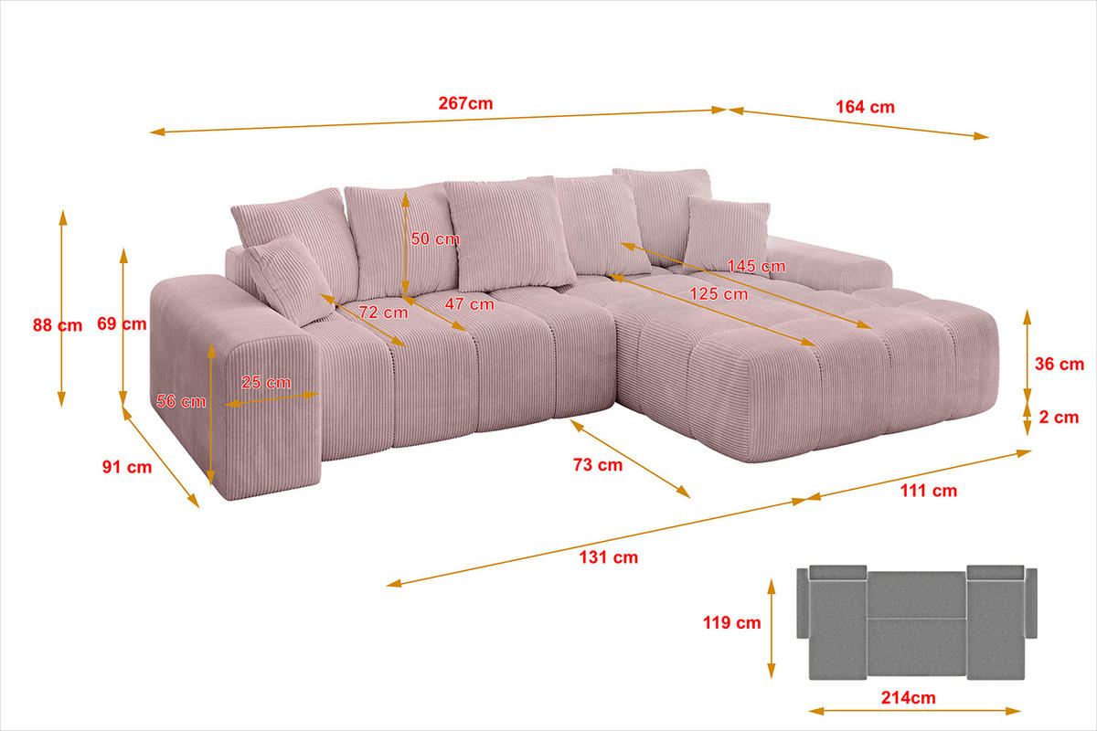 ECKSOFA Ottomane Rechts ENSI-L - 267x164x88 cm Rosa - Rosa, Holzwerkstoff/Kunststoff (164/267cm) - ALTDECOR