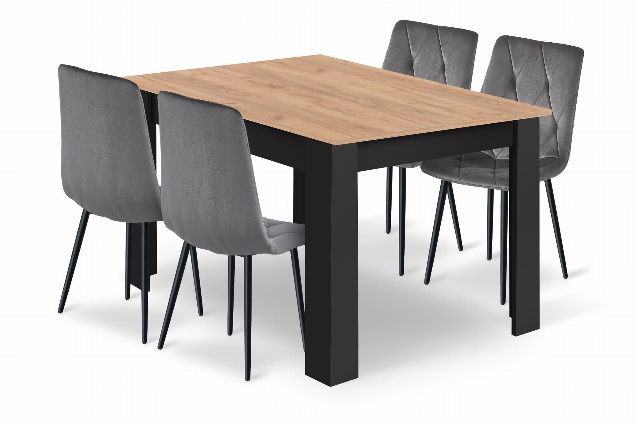 ESSTISCH-SET Esstisch Schwarz 120x80 cm NP Tischplatte PVC Beklebt + 4 Stühle Grau LIBRA Velours - Grau, Kunststoff (80/120/58cm)
