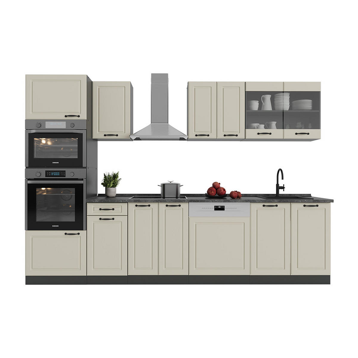 KÜCHENZEILE R-Line, Sand Landhaus/Anthrazit, 300 cm Arbeitsplatte Marmor - Beige/Anthrazit, Holzwerkstoff (300/206.8/60cm) - Vicco