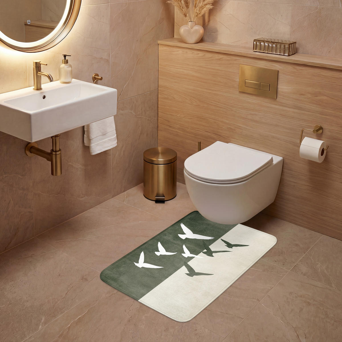 WC PŘEDLOŽKA Japandi - Pták - Zelený 50x80 cm - olivově zelená, textil/plast (50/1cm) - OnlyWow