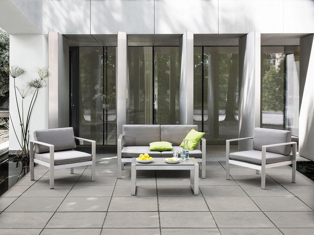 GARTENSOFA Aluminium 2-Sitzer Auflagen hellgrau Salerno - Hellgrau, Metall (142/80/70cm) - Beliani