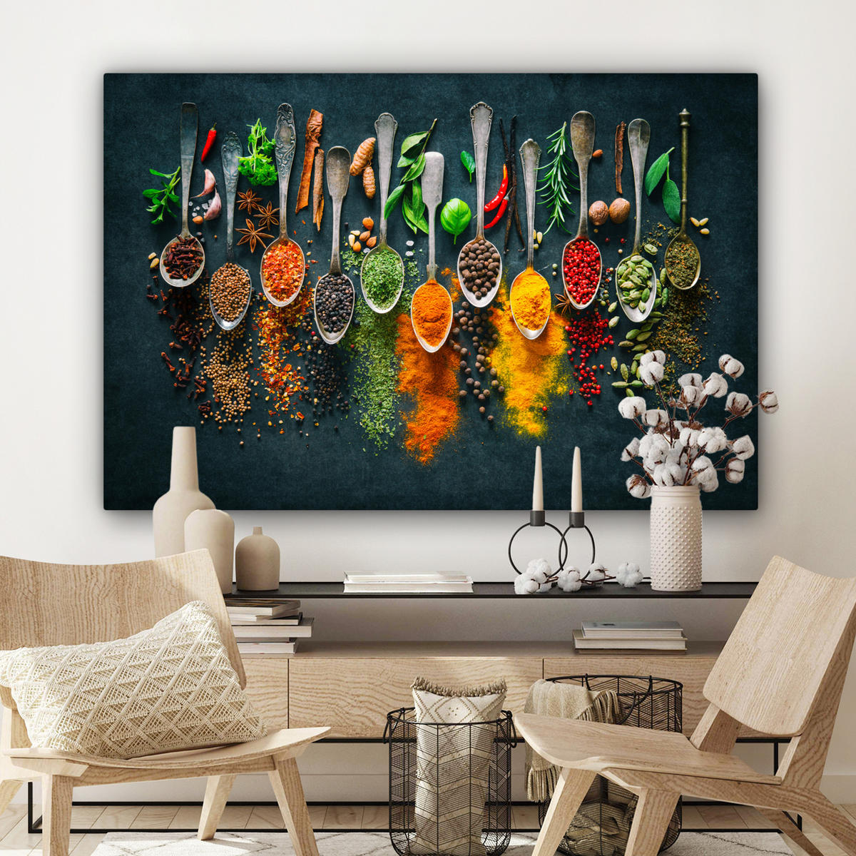 LEINWANDBILD Kräuter - Gewürze - Löffel Wohnzimmer Groß 120x80 cm - Currygelb, Textil (120/80cm) - MuchoWow