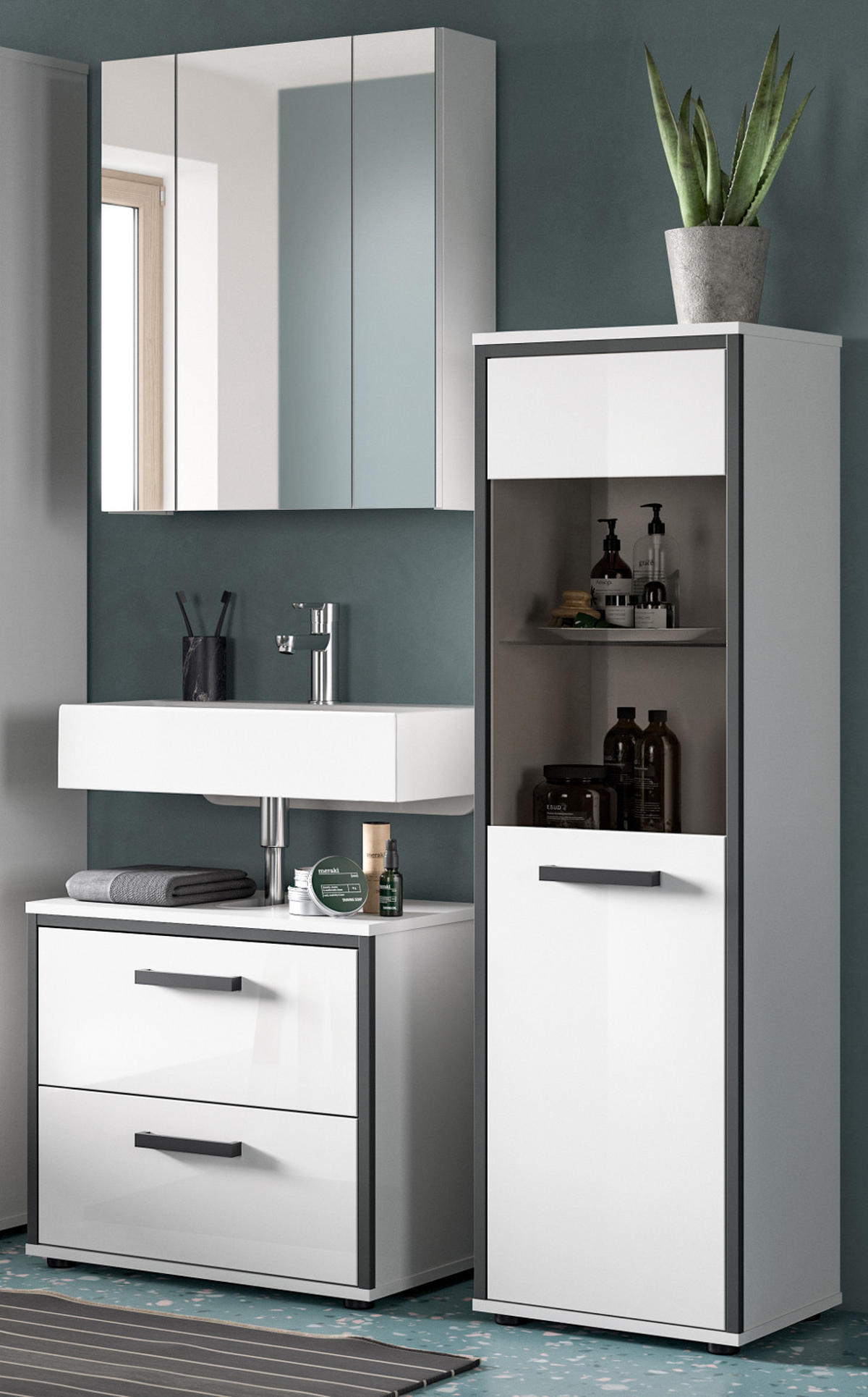 BADMÖBEL-SET 3-teilig weiß Hochglanz, grau, Badkombination 115 x 190 cm - Weiß Hochglanz/Schwarz, Glas/Holzwerkstoff (115/190/37.5cm) - Inn.Furn