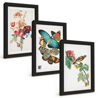 BILDER SET 3er Set - 20x30 cm Schwarzer Rahmen - Blumen, Schmetterlinge, Vögel, Pastellfarben - Schwarz, Kunststoff (20/30cm) - TULUP