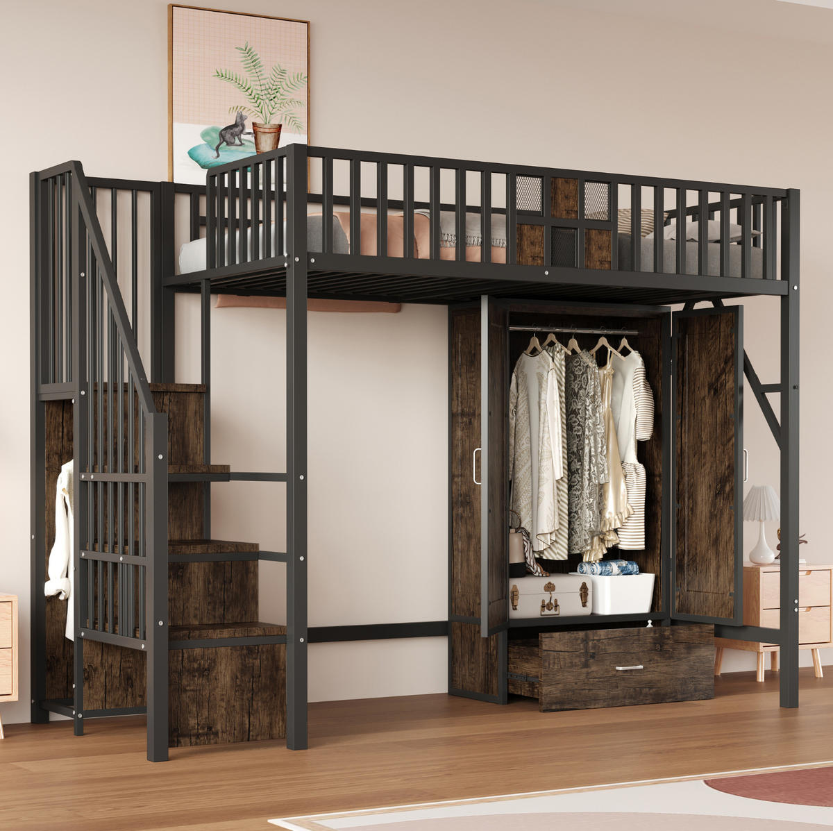HOCHBETT aus Metall, Sperrholz und MDF 90x200 cm Schwarz mit Kleiderschrank und Stauraumtreppe - Schwarz, Metall (90/200cm) - IVMEU