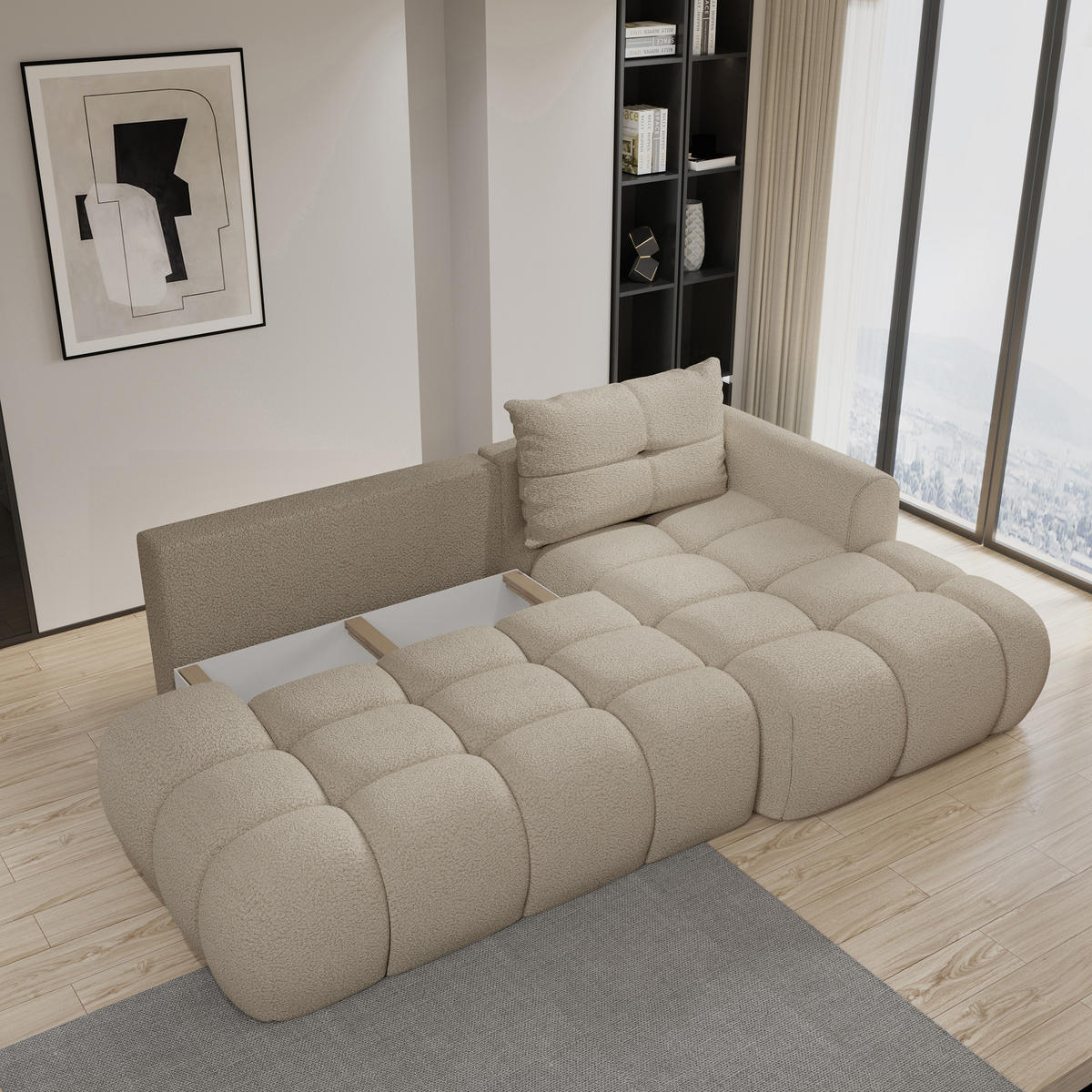 ECKSOFA FLUMA R-S Beige Boucle-Stoff mit Schlaffunktion - Beige, Holz (274/165cm) - MASSENO
